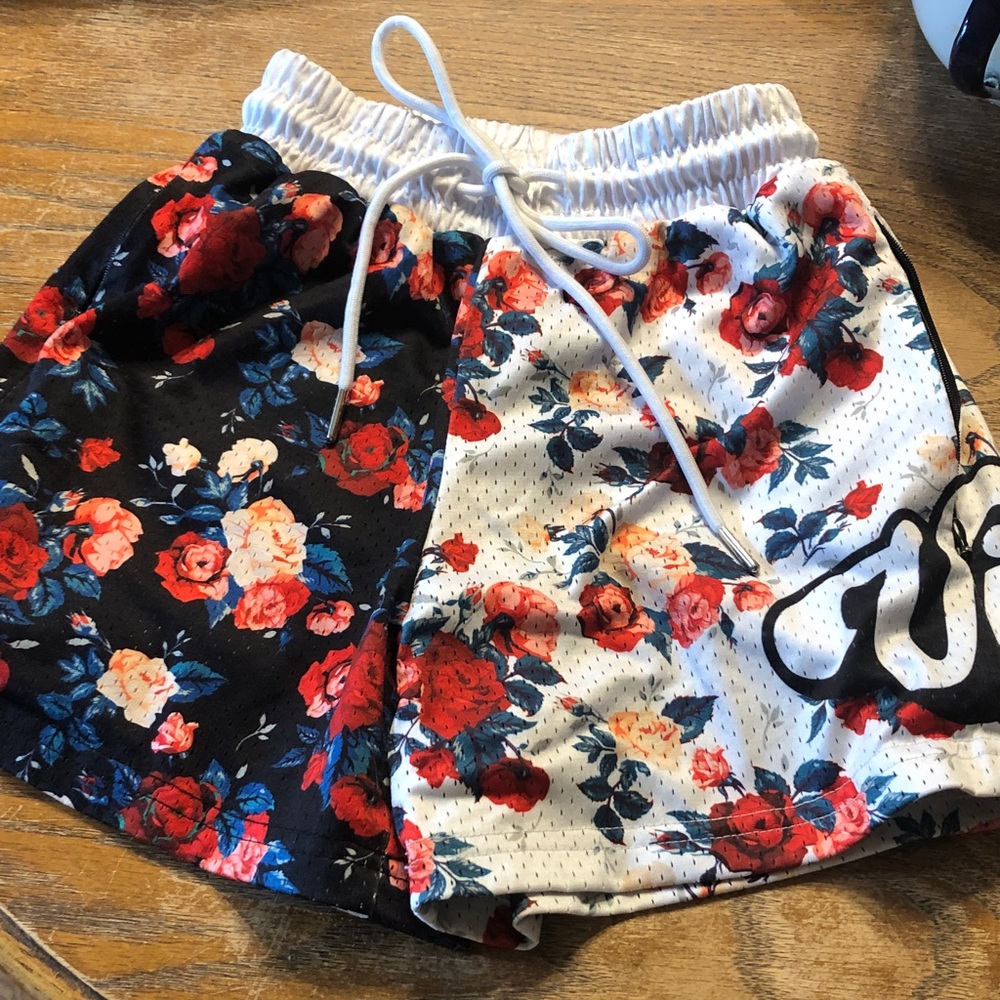 Girls Floral Split-Panel Athletic Shorts - Red/White